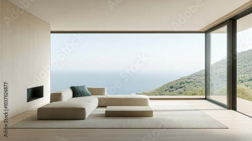 Modern living room with ocean view and minimalistic design in a contemporary home