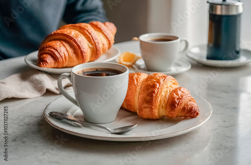 A man at a table in a cafe with coffee and croissants on it