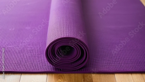 Rolled pink yoga mat on a matching mat, showcasing texture and vibrant color, ideal for fitness and wellness routines. Perfect for yoga and exercise sessions. photo