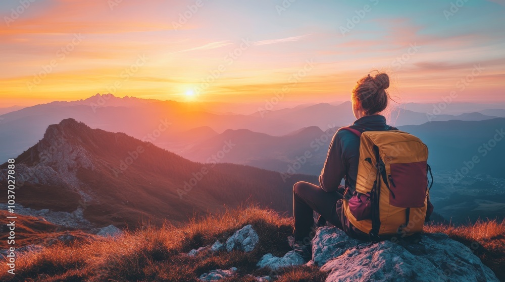 Obraz premium Hiker watching the sunset from a mountain peak
