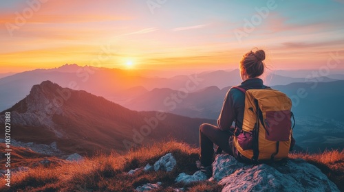 Hiker watching the sunset from a mountain peak