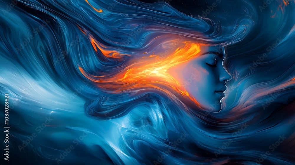 Abstract waves of light swirling around a serene face symbolizing unity and connection Abstract waves of light swirling around a serene face symbolizing unity and connection