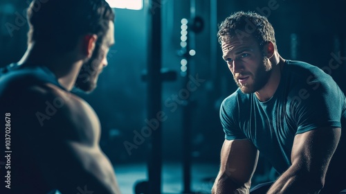 Reflecting Strength: A Journey of Self-Discovery in Fitness and Resilience, Captured in a Moment of Introspection in the Gym. photo