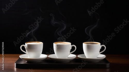 Four steaming cups of coffee sit on saucers, set against a dark background. The warm aroma rises, inviting a cozy moment of relaxation and enjoyment. photo