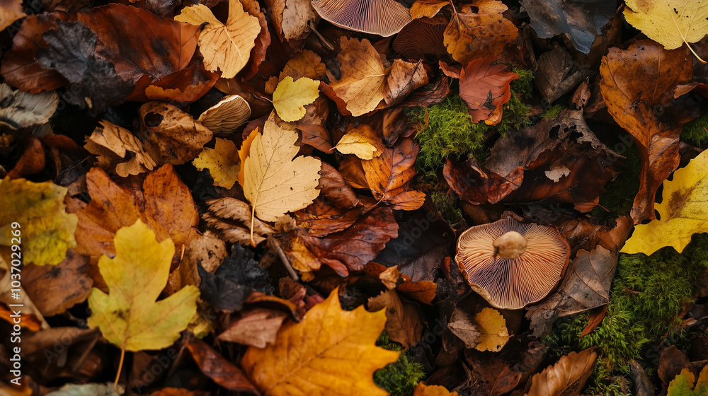 Close-Up Of Wild Mushrooms On Forest Floor Surrounded By Autumn Leaves Close-Up Of Wild Mushrooms On Forest Floor Surrounded By Autumn Leaves