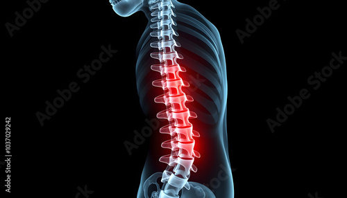 X-ray Illustration sick curved spine scoliosis, kyphosis, lordosis. Protrusion and hernia of the spine. Help from an osteopath, neurolog or surgeon, henriology isolated with white highlights, png photo