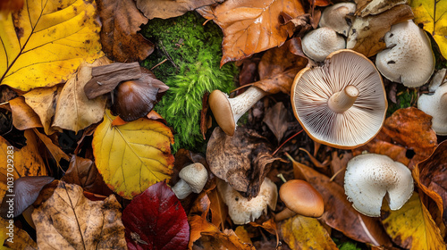 Brown And Yellow Mushrooms Amid Autumn Leaves In Nature Forest Floor