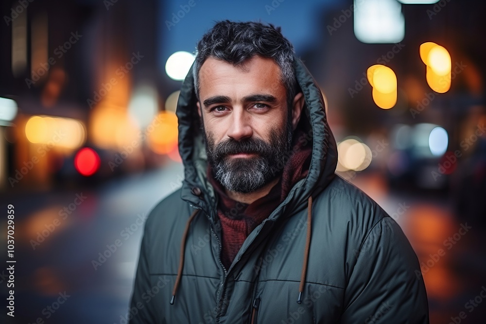 Portrait of a bearded man wearing a hooded jacket on a city street at night Portrait of a bearded man wearing a hooded jacket on a city street at night