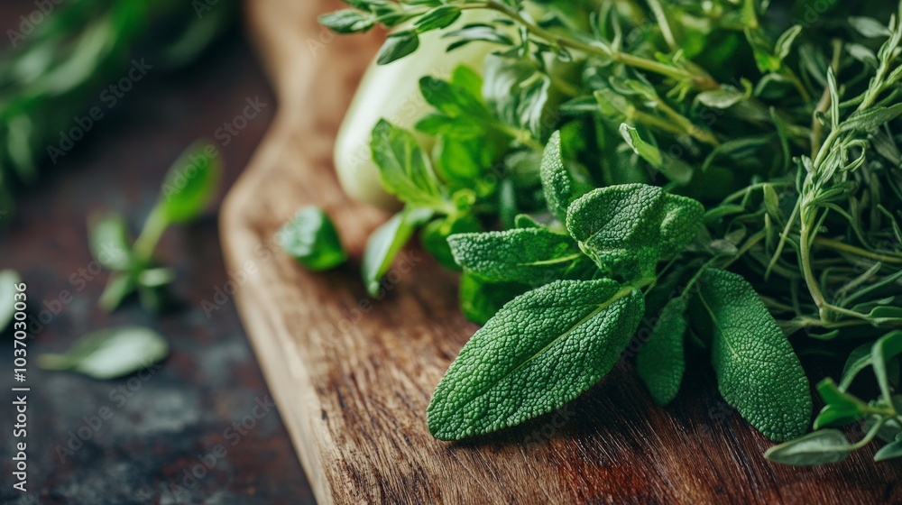 Fresh Herbs on a Wooden Cutting Board: A Culinary Delight Featuring Aromatic Thyme and Flavorful Oregano Ready for Use in Your Favorite Recipes Fresh Herbs on a Wooden Cutting Board: A Culinary Delight Featuring Aromatic Thyme and Flavorful Oregano Ready for Use in Your Favorite Recipes