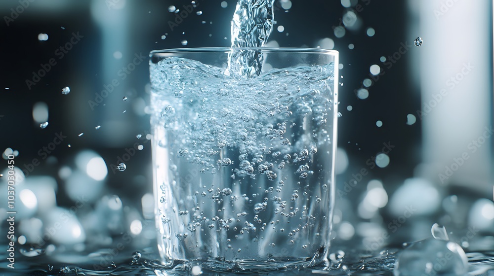 Water dispenser pouring crystal clear water into a glass with bubbles and droplets, showcasing a refreshing hydration concept with crisp details and cool tones. Water dispenser pouring crystal clear water into a glass with bubbles and droplets, showcasing a refreshing hydration concept with crisp details and cool tones.