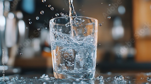 Water dispenser pouring crystal clear water into a glass with bubbles and droplets, showcasing a refreshing hydration concept with crisp details and cool tones. photo