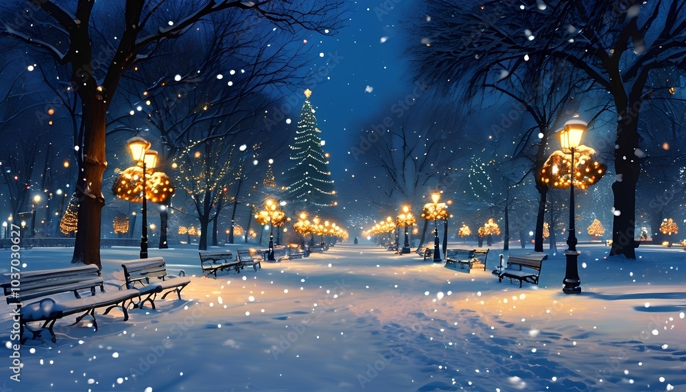 Fototapeta premium A serene winter wonderland embracing the magic of snow-covered streets twinkling lights and festive cheer in a picturesque evening scene