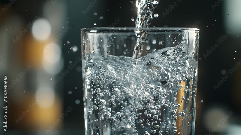 Water dispenser pouring crystal clear water into a glass with bubbles and droplets, showcasing a refreshing hydration concept with crisp details and cool tones. Water dispenser pouring crystal clear water into a glass with bubbles and droplets, showcasing a refreshing hydration concept with crisp details and cool tones.