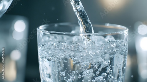 Water dispenser pouring crystal clear water into a glass with bubbles and droplets, showcasing a refreshing hydration concept with crisp details and cool tones. photo