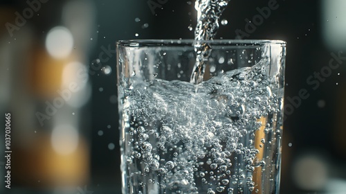 Water dispenser pouring crystal clear water into a glass with bubbles and droplets, showcasing a refreshing hydration concept with crisp details and cool tones. photo