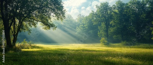 Fototapeta Naklejka Na Ścianę i Meble -  Sunrise in a spring field with green grass, copy space
