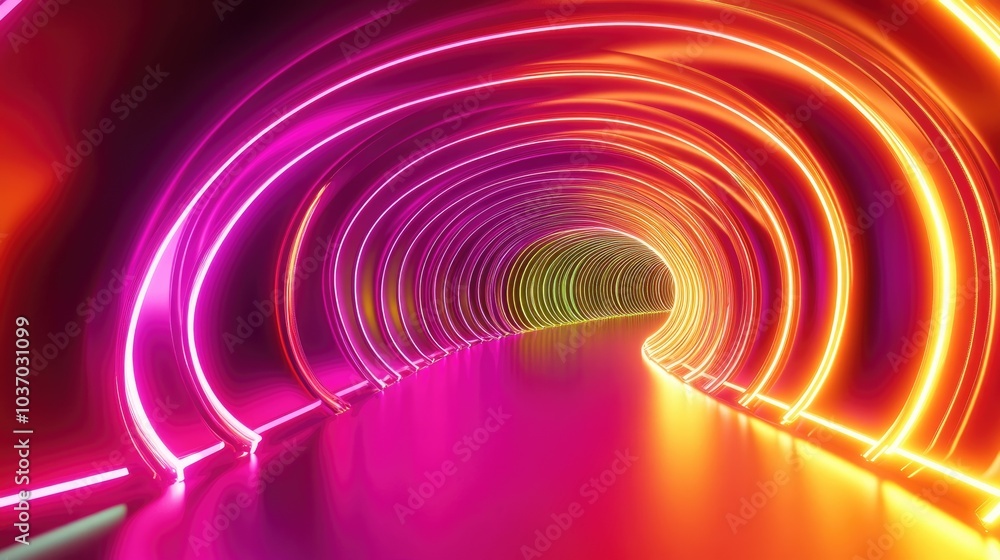 Luminous Neon Stripes Create Hyperspace Tunnel. Vibrant 3D Render Luminous Neon Stripes Create Hyperspace Tunnel. Vibrant 3D Render