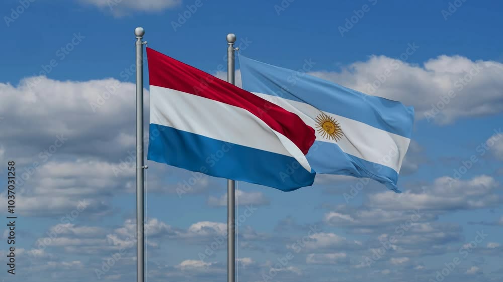 Argentina and Luxembourg flags flying together, video concept of the relationship, two country relations concept Argentina and Luxembourg flags flying together, video concept of the relationship, two country relations concept