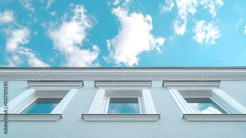 White painted exterior wall with ornate window frame under a blue sky, showcasing a clean facade and classic architectural details of a residential building. photo