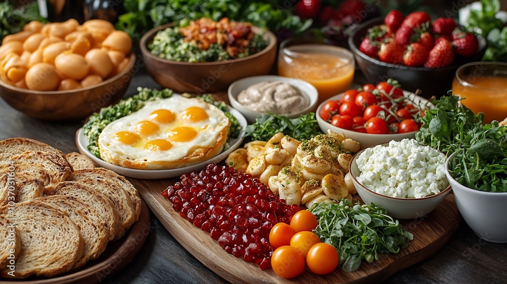 Balanced brunch setup featuring healthful foods with an emphasis on calorie control no people Balanced brunch setup featuring healthful foods with an emphasis on calorie control no people