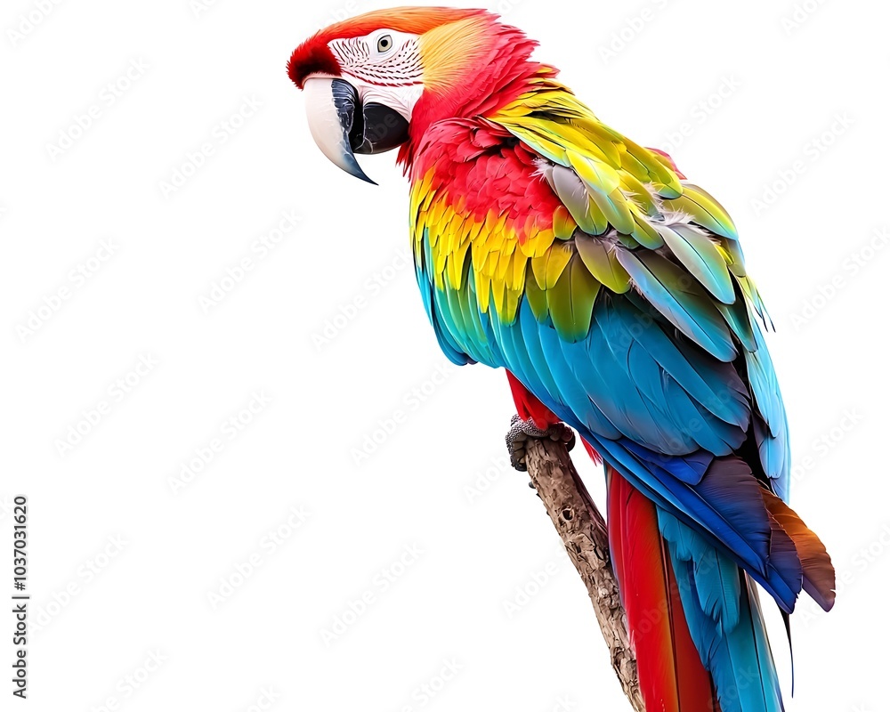 Obraz premium Vibrant and Tropical Parrot Perched on Invisible Branch with Fanned Colorful Feathers on White Background