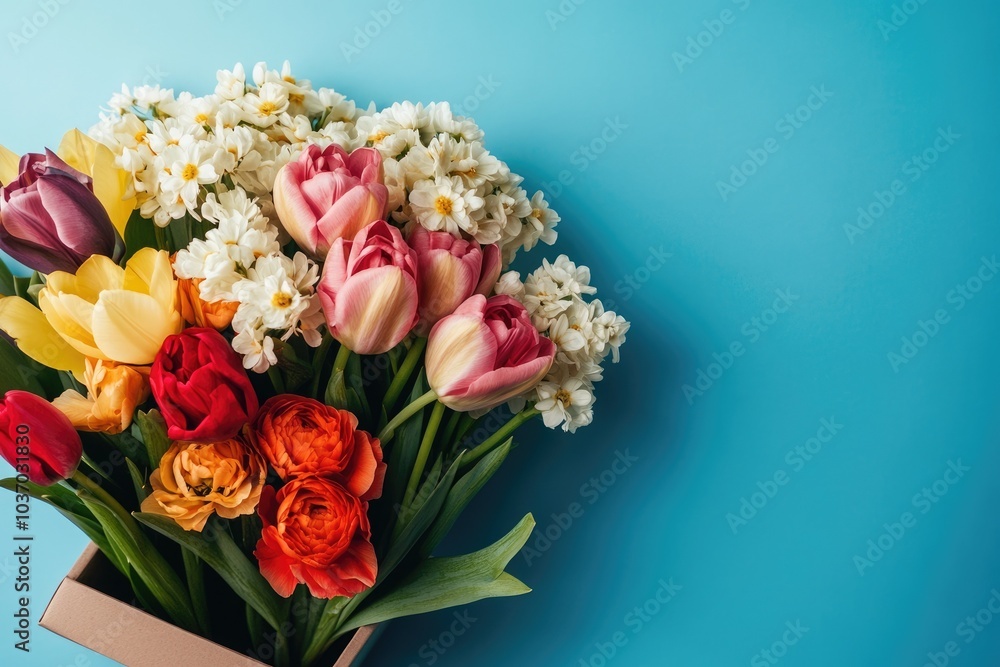 Vibrant Floral Arrangement in Box on Blue Background. Botanical Decor Concept