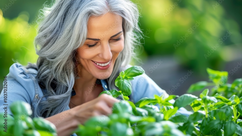 Happy Senior Woman Harvesting Fresh Basil in Herb Garden Under Sunlight Happy Senior Woman Harvesting Fresh Basil in Herb Garden Under Sunlight
