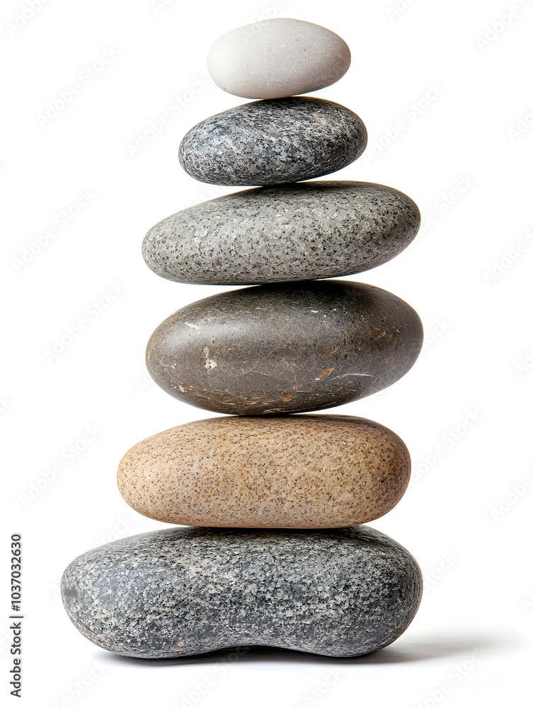 Stacked Polished River Stones Symbolizing Tranquility and Balance on White Background Stacked Polished River Stones Symbolizing Tranquility and Balance on White Background