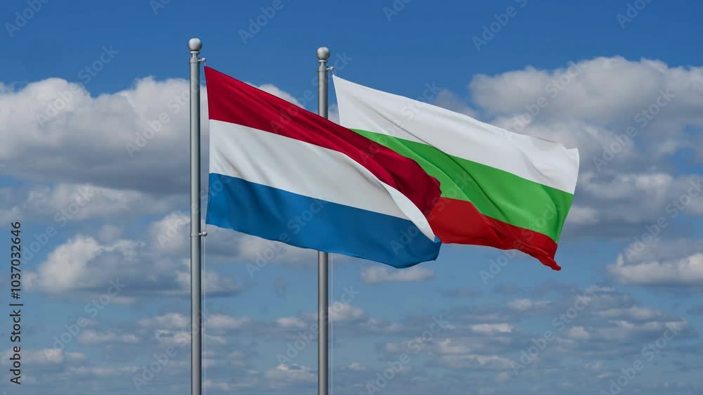 Bulgaria and Luxembourg flags flying together, video concept of the relationship, two country relations concept Bulgaria and Luxembourg flags flying together, video concept of the relationship, two country relations concept