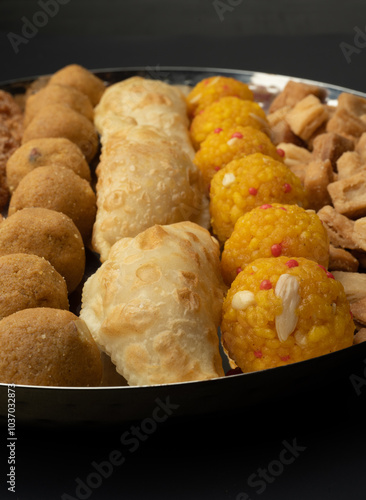 Indian sweets in a plate includes anarsa, shakkarpara morichoor  Bundi Laddu, Gujiya or Karanji for diwali celebration photo