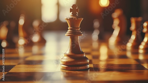 Wooden chess pieces on a board focused on the king, featuring warm tones, polished textures, and a shallow depth of field with soft lighting.