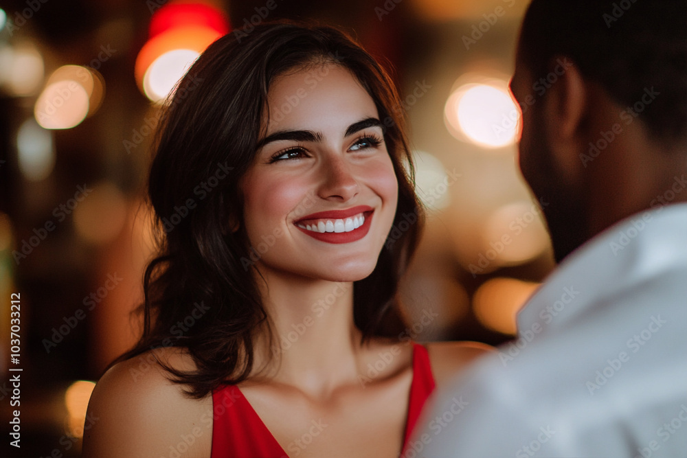 Una hermosa mujer de cabello oscuro y ojos marrones, con un elegante vestido rojo, sonríe en su cita con un hombre vestido con una camisa blanca, mostrando los dientes.