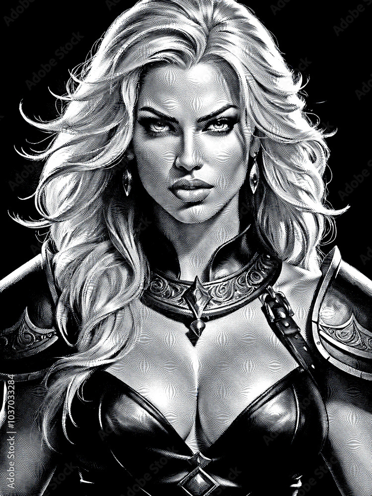 Fototapeta premium fantasy woman with blonde hair, engraving effect illustration, barbarian warrior