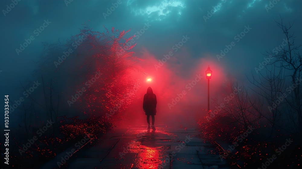 Mysterious Nighttime Scene with Red Lights and Fog Mysterious Nighttime Scene with Red Lights and Fog