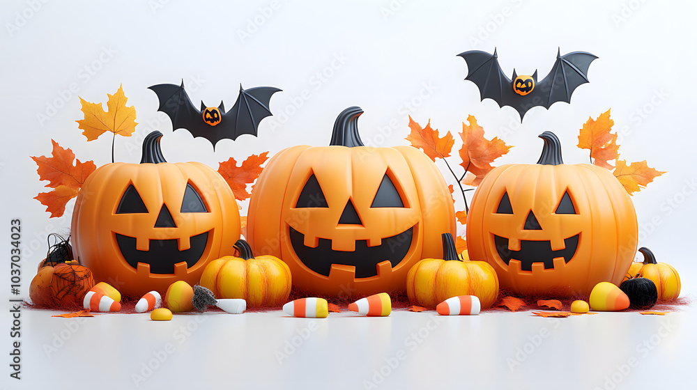 3D Rendering of Halloween Pumpkins, Bats, and Candy Corn Arranged Together, Creating a Playful and Festive Composition that Highlights the Whimsical and Spooky Spirit of the Holiday Season, Perfect fo 3D Rendering of Halloween Pumpkins, Bats, and Candy Corn Arranged Together, Creating a Playful and Festive Composition that Highlights the Whimsical and Spooky Spirit of the Holiday Season, Perfect fo