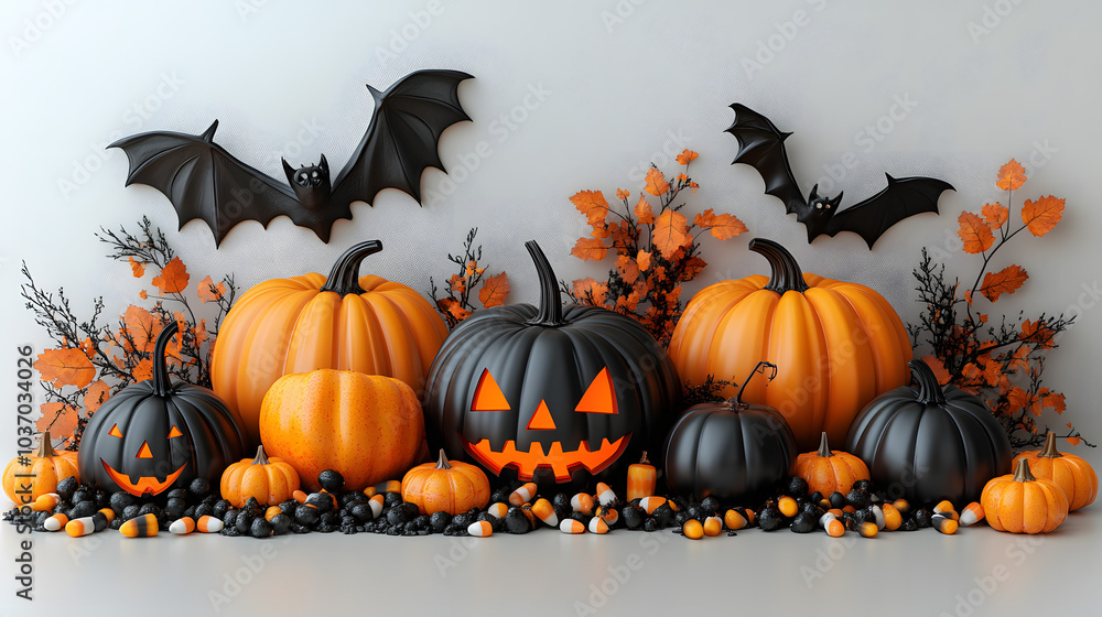 3D Rendering of Halloween Pumpkins, Bats, and Candy Corn Arranged Together, Creating a Playful and Festive Composition that Highlights the Whimsical and Spooky Spirit of the Holiday Season, Perfect fo 3D Rendering of Halloween Pumpkins, Bats, and Candy Corn Arranged Together, Creating a Playful and Festive Composition that Highlights the Whimsical and Spooky Spirit of the Holiday Season, Perfect fo