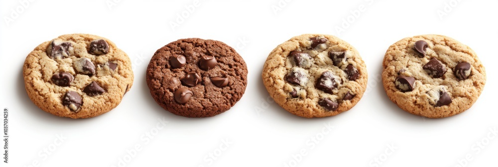 Four assorted chocolate chip cookies arranged in a line on a white background Four assorted chocolate chip cookies arranged in a line on a white background