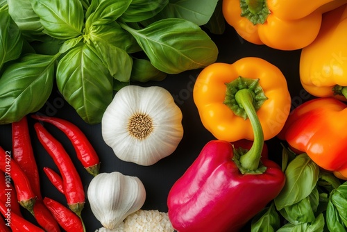 Fresh and colorful vegetables arranged beautifully, showcasing peppers, garlic, basil, and chili perfect for healthy cooking. photo