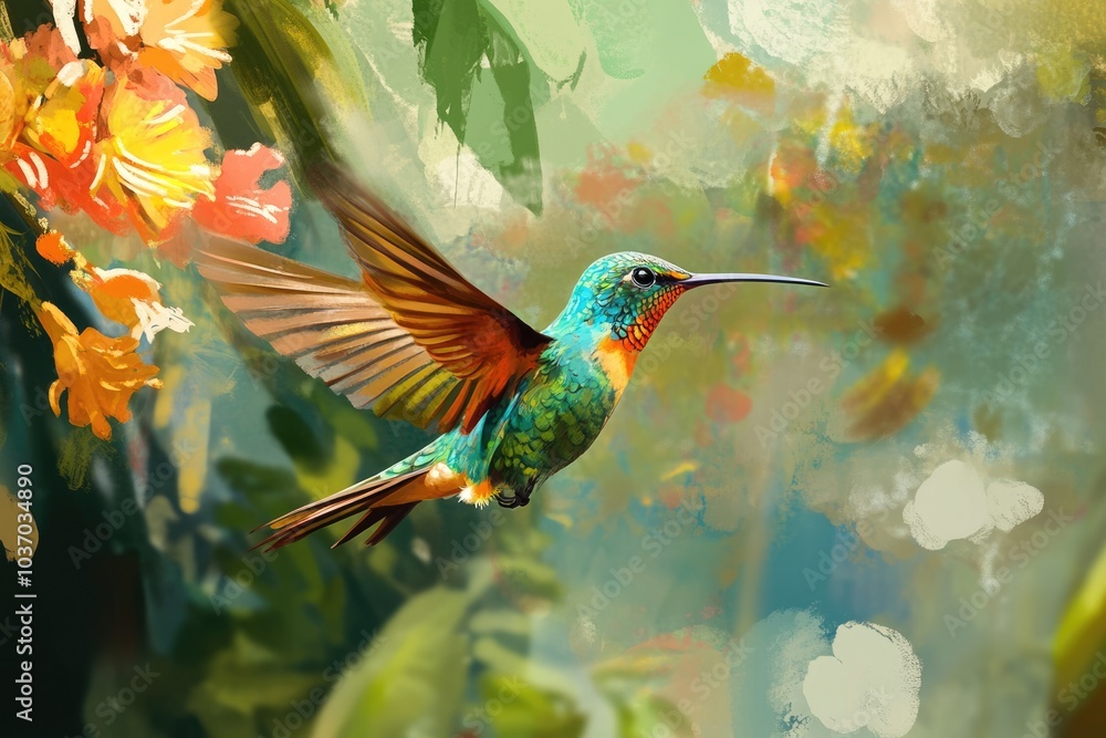 Fototapeta premium Ruby Throated Hummingbird Perched on Flowering Tree Branch