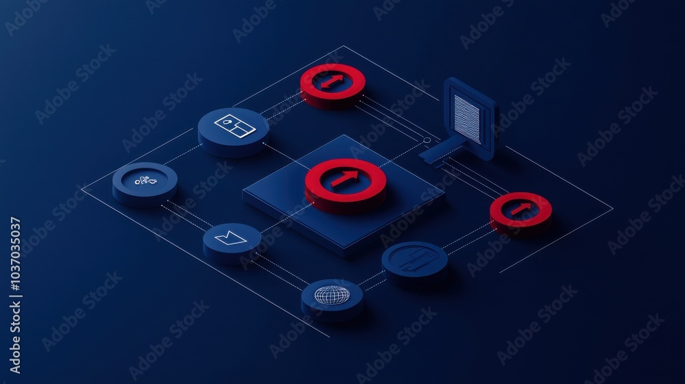 The image depicts a digital network concept featuring red and blue icons, emphasizing security and restricted access in a tech environment. The image depicts a digital network concept featuring red and blue icons, emphasizing security and restricted access in a tech environment.