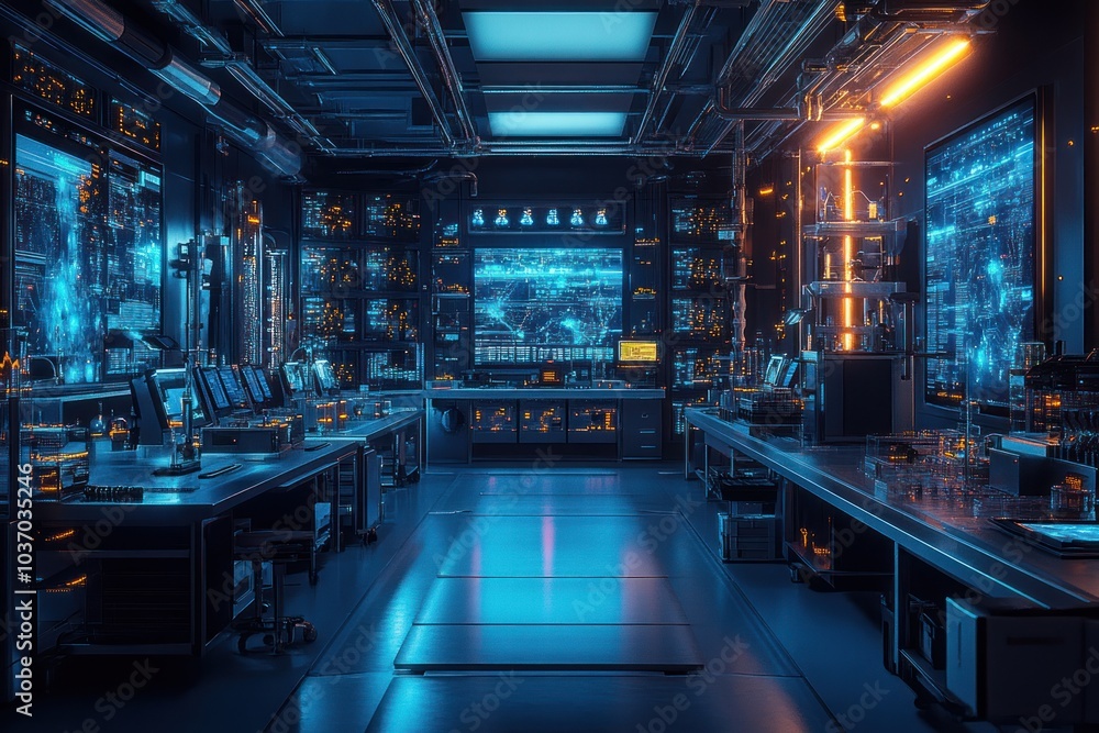 Futuristic control room with advanced technology and glowing screens. Futuristic control room with advanced technology and glowing screens.