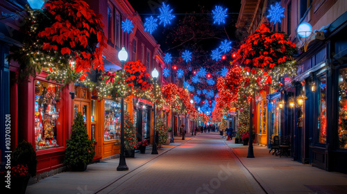 City street decorated with garlands for Christmas eve