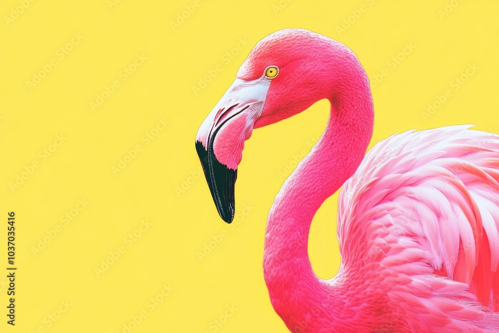 Fototapeta premium Graceful Pink Flamingo Observing Its Habitat in Yellow Background