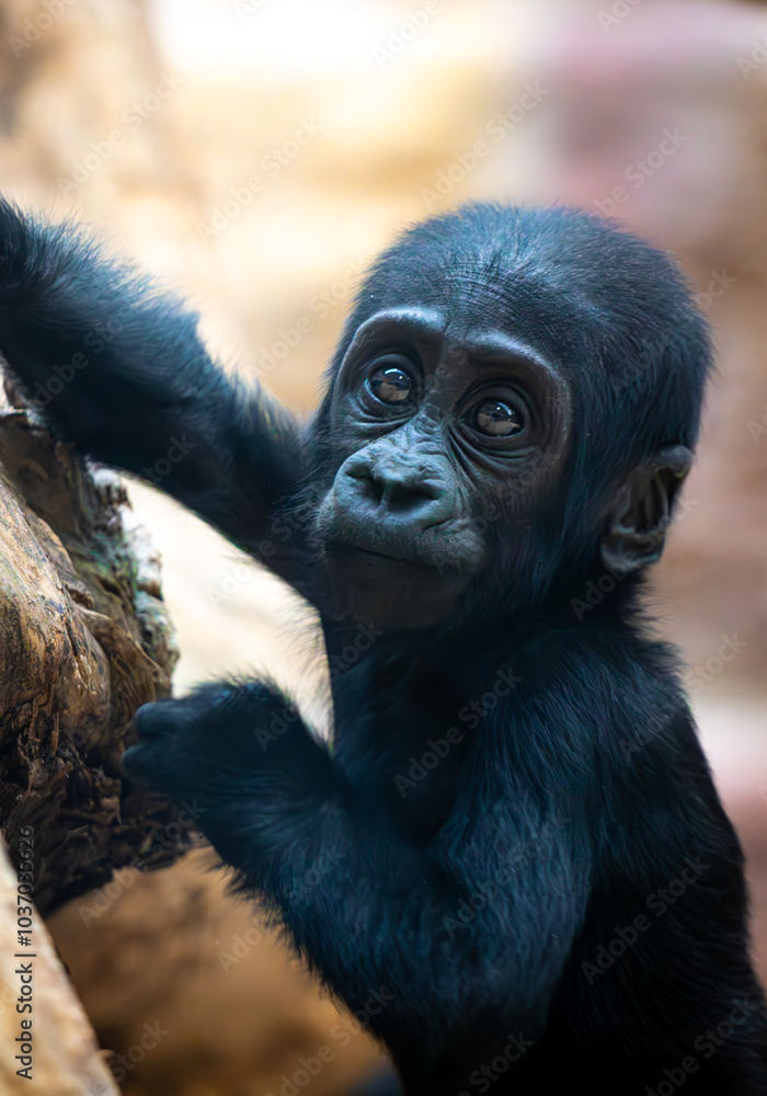 A baby gorilla clings to a branch, gazing curiously at its surroundings with large, shiny eyes. Its soft black fur and calm expression highlight its vulnerability and innocence in the wild environment A baby gorilla clings to a branch, gazing curiously at its surroundings with large, shiny eyes. Its soft black fur and calm expression highlight its vulnerability and innocence in the wild environment