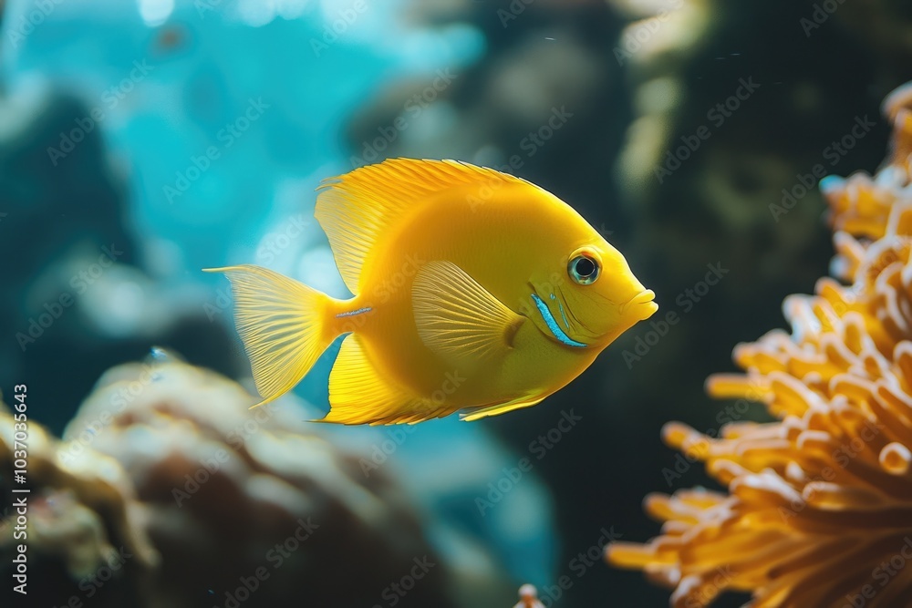 Naklejka premium Golden Marine Life: Yellow Tang Fish in Vibrant Underwater Coral Reef