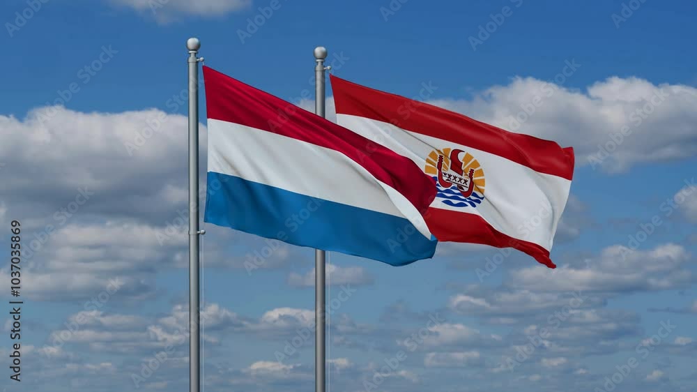 French Polynesia and Luxembourg flags flying together, video concept of the relationship, two country relations concept French Polynesia and Luxembourg flags flying together, video concept of the relationship, two country relations concept