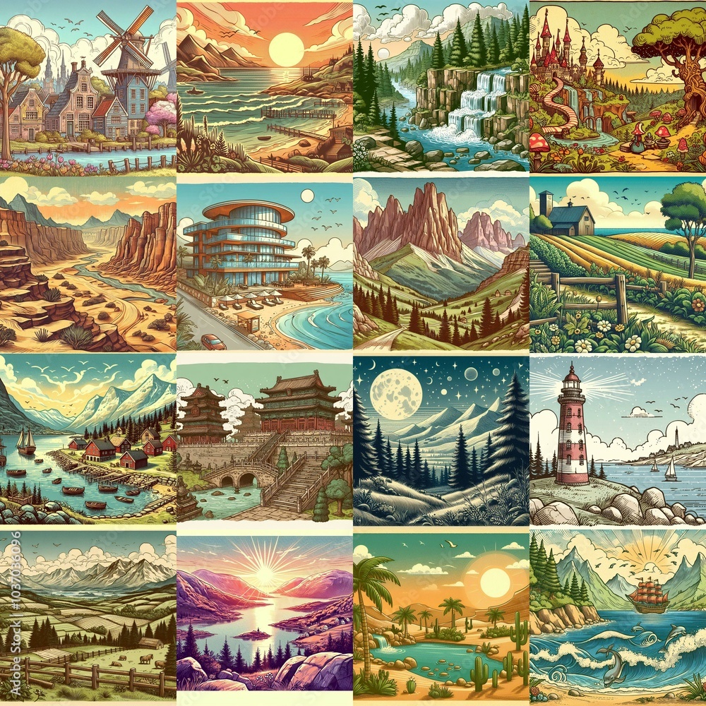 Cartoon landscapes. AI generated illustration Cartoon landscapes. AI generated illustration
