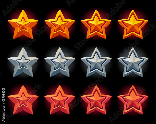 Realistic star set. Gold, golden, silver, silvered, bronze material. Bright effect. Yellow, grey, red colors. Perfect for games. Fantasy, rpg, adventure.