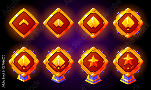 Golden level rank badges set. Military rank patent for games. Realistic vector with stars, gemstones and ribbon.