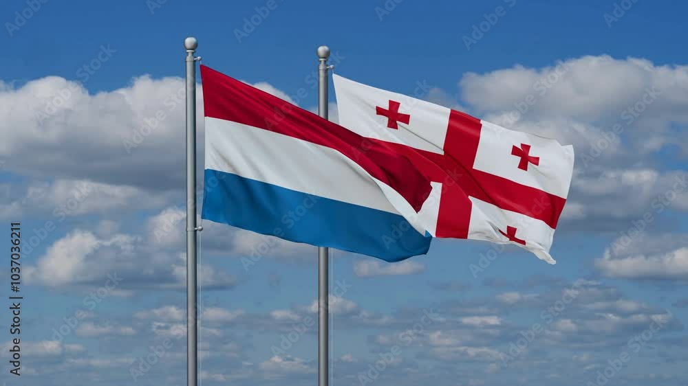 Georgia and Luxembourg flags flying together, video concept of the relationship, two country relations concept Georgia and Luxembourg flags flying together, video concept of the relationship, two country relations concept